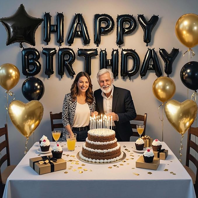 27 Pcs Black Gold Birthday Decorations, 3D Letters Black Happy Birthday Balloon Banner, Pentagram Heart Foil Balloons Confetti Balloons Kit For Boys Girls Party Supplies
