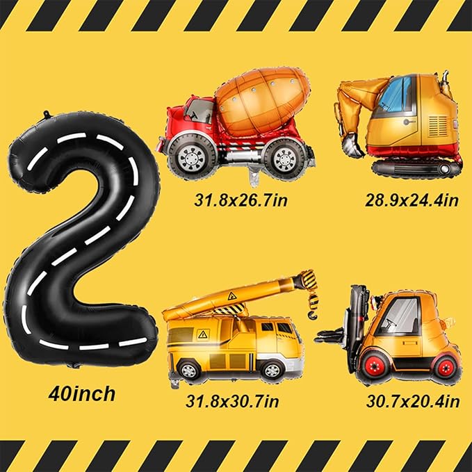 Construction Birthday Decorations 2 Year Old, Large Construction Balloons 40Inch Racetrack Black Number 2 Balloons Construction Truck Foil Balloons for Boys 2nd Construction Birthday Party Supplies