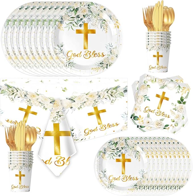 81Pcs God Bless Party Tableware Set First Communion Party Decoration,Newborn Baptism Church Birthday Party Supplies