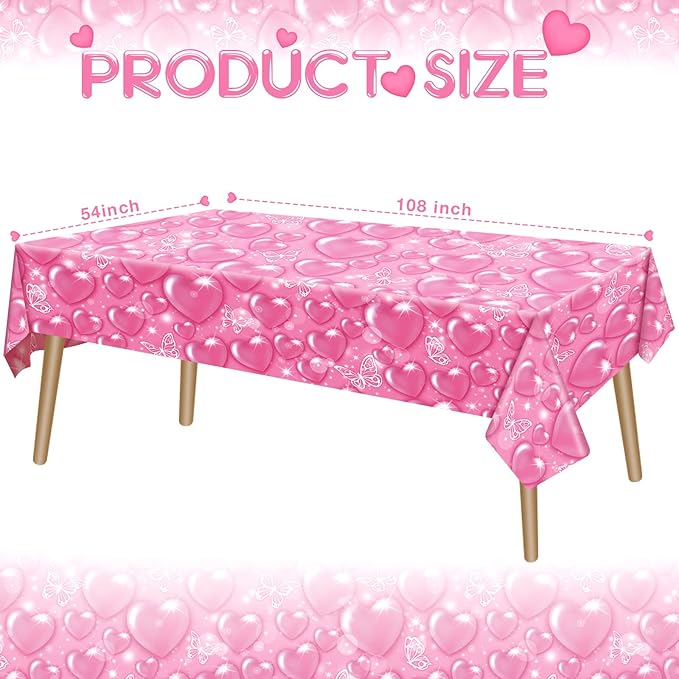 Peryiter 3 Pack 2000s Tablecloth Decorations Y2k Party Decarations Pink Table Cover Plastic Heart Butterfly Disposable Rectangle Tablecloth for Wedding Birthday Party Supplies 54 x 108 Inch