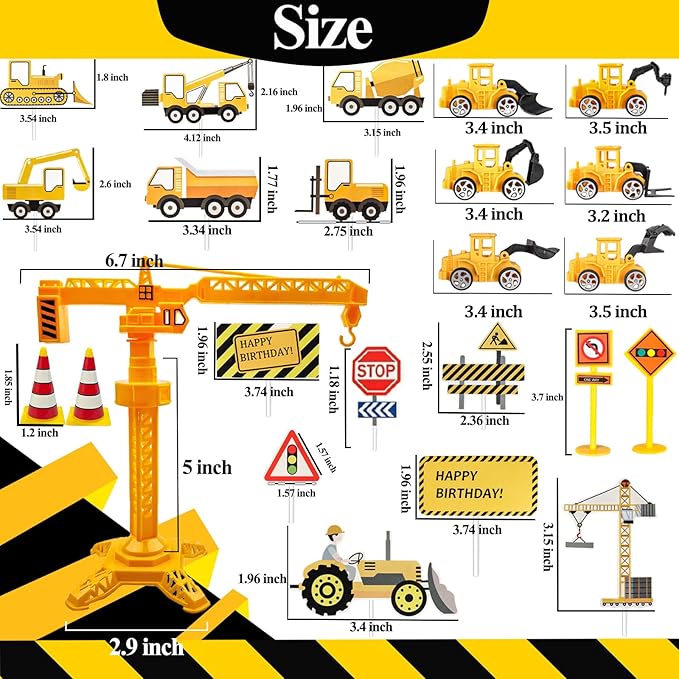 HERCOCCI 25Pcs Construction Cake Topper, Excavator Tower Cupcake Topper Bulldozer Backhoe Traffic Road Sign Cake Decor Vehicles Decorations Construction Birthday Party Supplies