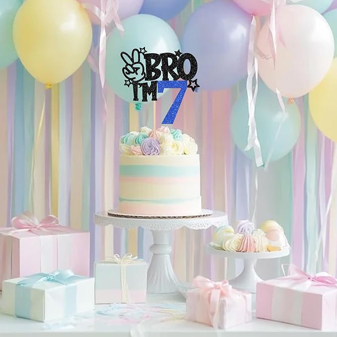1 PCS Brother I'm 7 Cake Topper Glitter Star Happy 7th Birthday Cake Pick Bro I'm 7 Cake Decoration It's My 7th Birthday Decorations for Boys Cheers to 7 Years Old Birthday Party Supplies Blue
