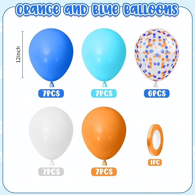 Orange and Blue Balloons,12 Inch Royal Light Blue and Orange White Latex Party Balloon for Girls Boy Birthday Party Baby Shower Graduation Decorations