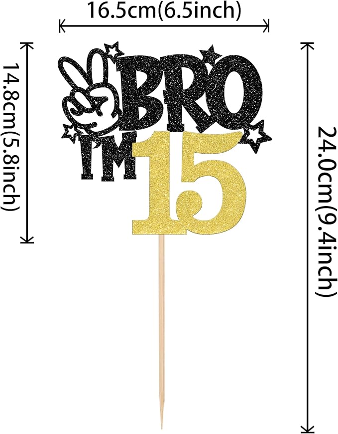 1 PCS Brother I'm 15 Cake Topper Glitter Star Happy 15th Birthday Cake Pick Bro I'm 15 Cake Decoration It's My 15th Birthday Decorations for Boys Cheers to 15 Years Old Birthday Party Supplies Gold