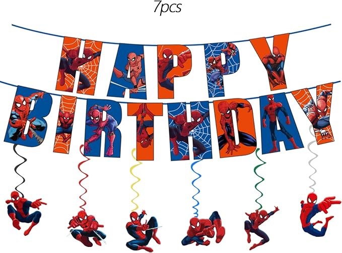 Cartoon spidey - themed birthday party supplies: "Happy Birthday" banner, 12inch latex balloons , 2 types of aluminium balloons hanging swirls,assemble the aluminum balloon