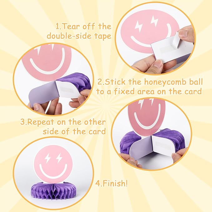 9PCS Smile Face Honeycomb Centerpieces Preppy Smile Face Table Decorations Happy Pastel Birthday Party Supplies for Colorful Rainbow Birthday Themed Bachelorette Decor Favor