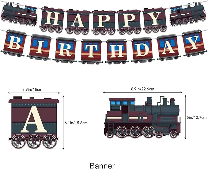 Retro Train Birthday Party Supplies - Includes Train Happy Birthday Banner, Cake Topper, Cupcake Toppers, Balloons for Vehicle Party Decorations