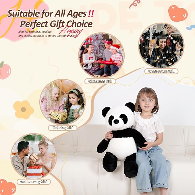 24" Giant Panda Bear Stuffed Animal Plush Toy Cute Soft Body Panda Pillow Kawaii Big Doll, Gift for Kids Boy Girl Birthday Valentines Christmas