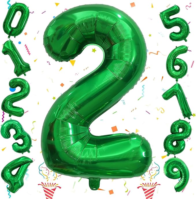 40 Inch 2nd Birthday Number Balloon, Dark Green Foil Self Inflating Balloons, Big Emerald Green Number Balloons 0-9 Set for Women Boys Birthday Party Baby Shower Anniversary Jungle Decoration Supplies