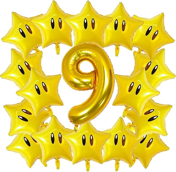 16PCS Foil Star Balloons, 40Inch Number 9 and Star Foil Balloons For Game Theme 9th Birthday Party Decorations Children Party Supply Party Decor （9th）