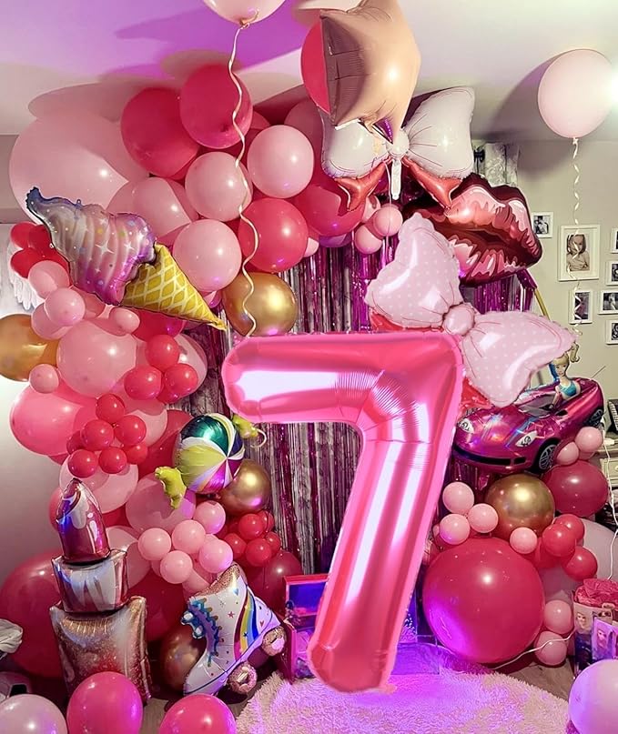 40 Inch Pink Number 7 Balloon with Mini Bow Balloon for Girls 7th Birthday Decorations, Pink Girl Mouse Princess Western Cowgirl Theme Birthday Party Balloons Decorations Supplies