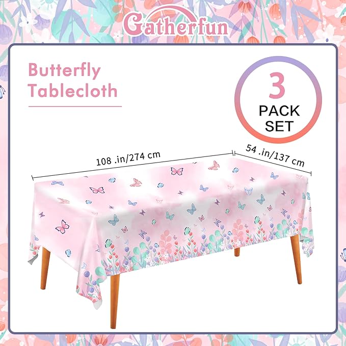 Gatherfun Butterfly Disposable Tablecloth, Plastic Table Cover for Kid’s Birthday Party, 3 PCS, 54”x 108”