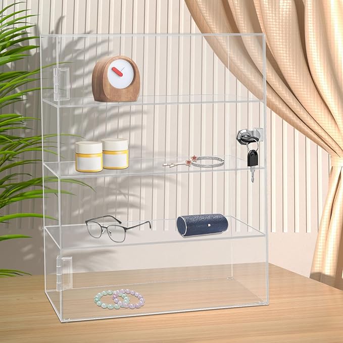 Clear Acrylic Display Case,4 Layer Transparent Countertop Showcase,Protection Showcase with Lock for Toy Collectibles Office Retail Store Safe Storage Sunglasses Toys (11.81*5.9*15.75 Inch)