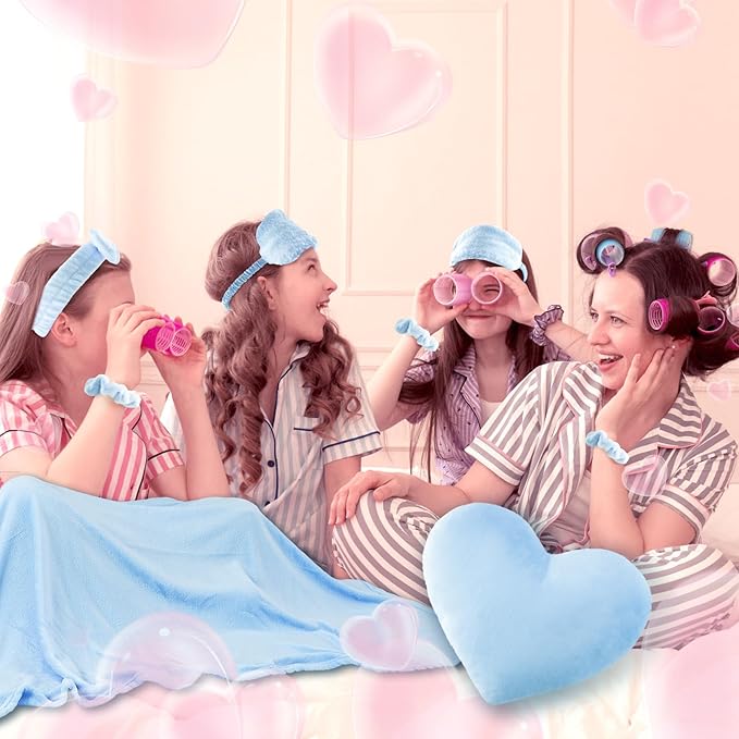 36 Pcs Sleepover Party Supplies for Girl Spa Slumber Birthday Favors Throw Blanket Pillow Eye Mask Headband Scrunchies (Solid Color,Light Blue)