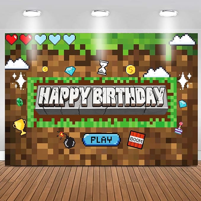 Pixel Birthday Party Decorations Pixel Video Game Banner for Miner Birthday Party Backdrop Photo Background Wall Decor Mining Party Supplies