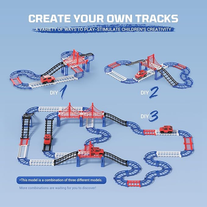 DIY Construction Race Track Set, 24 Pieces with Battery Powered Car,Bridge Building Track ，Assembly Track Builder Playset Gifts Toys for Boys Kids Age 6 7 8