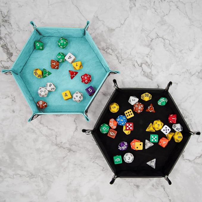 SIQUK 2 Pieces Dice Tray PU Leather Dice Folding Hexagon Tray Dice Holder for Dice Games Like RPG, DND and Other Table Games (Light Blue, Black)