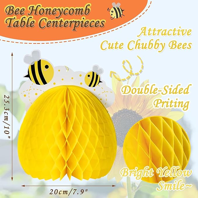 SUNBEAUTY 4PCS Honey Bee Honeycomb Centerpieces Decorations Yellow Bee Honeycomb Table Centerpieces with Sunflower Stickers for Baby Shower Birthday Gender Reveal Birthday Decoration