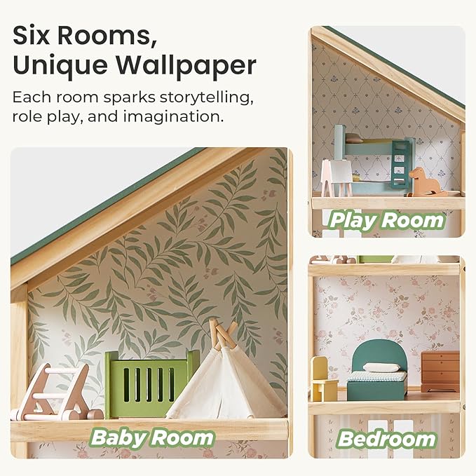 Tiny Land Wooden Dollhouse for Girls - 6 Rooms Wooden Doll House, DIY Pretend Doll House with 31Pcs Furniture Accessories, Creative Gift for Girl Ages 3+, Green