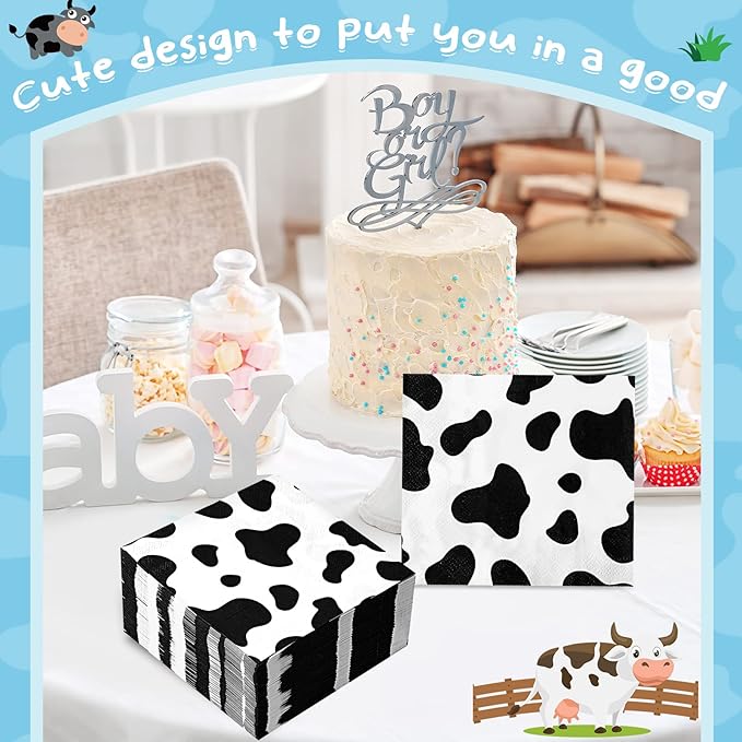 Chengu 100 Pieces Cow Print Napkins 2 Layers Cow Print Party Supplies Farm Animal Napkins for Animal Themed Birthday Party Western, 5 x 5 Inches