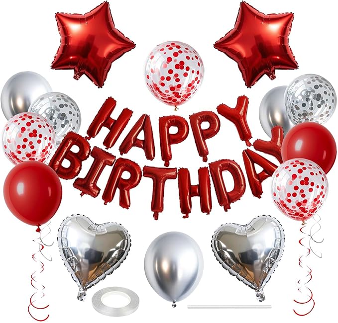 27 Pcs Red Silver Birthday Decorations, Red Happy Birthday Letters Balloon Banner 3D, Pentagram Heart Foil Balloons Confetti Balloons Kit For Boys Girls Party Supplies
