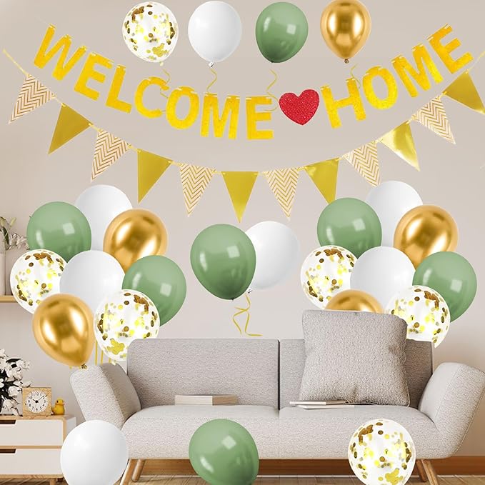 Welcome Home Decorations,Green Gold Welcome Home Balloons Banners Set Glitter Banner with Confetti Balloons,Pennant Flag Bunting for Home Family Baby Shower Welcome Back Party Supplies
