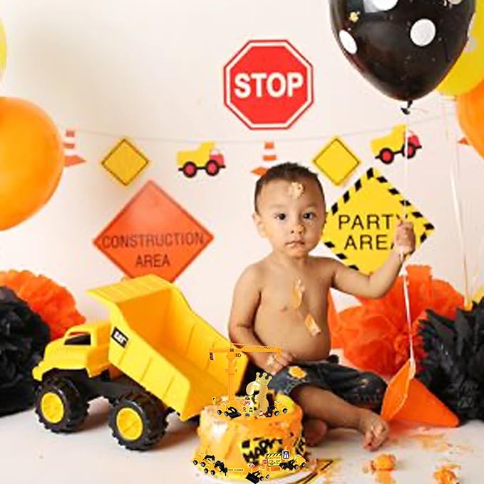 17 Pack Construction Vehicles Cake Toppers Set - Toy Road Sign, Tower, Digger, Cupcake Picks - Number 3 for Construction Theme Baby Shower, Kids 3rd Birthday Party Decorations Supplies