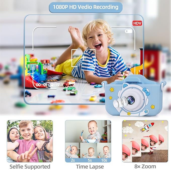 Kids Camera for 3-12 Years Old,Toddlers Childrens Girls & Boys Selfie Camera, 48 MP 1080P IPS Screen Dual Digital Toy Camera, Perfect for Kids Birthday with 32GB Card