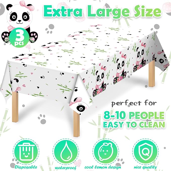 Coume 3 Pack Panda Birthday Party Decorations Panda Theme Tablecloth Favors Large Plastic Cute Table Cover for Kids Birthday Party Valentines Day Baby Shower Supplies, 54 x 108 Inches(Novelty Style)