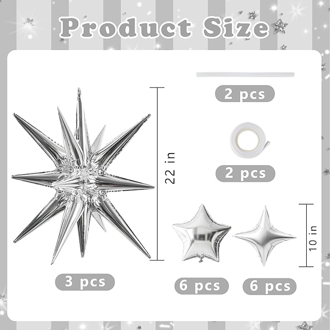 TONIFUL 22Inch 15Pcs Silver Large Explosion Star Mylar Balloons and 10Inch Four Pointed Star Balloons Set for Christmas New Year Birthday Wedding Bridal Shower Anniversary Photo Booth Supplies