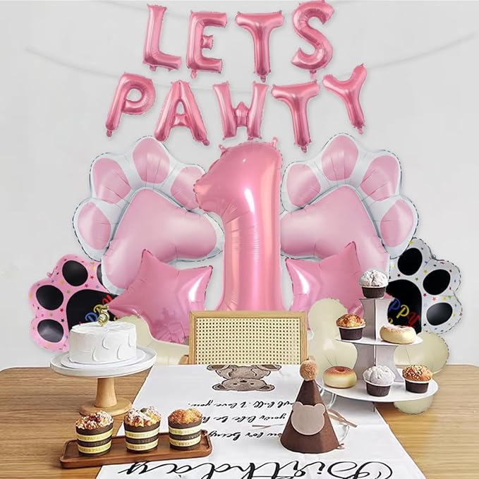 1st Dog Balloons 18pcs Lets Pawty Balloons Dog Paw Decor Pink 32 inch Pink Number Balloons Mylar Foil Balloons for Lets Pawty Birthday Decorations Dog 1st Birthday Party Supplies