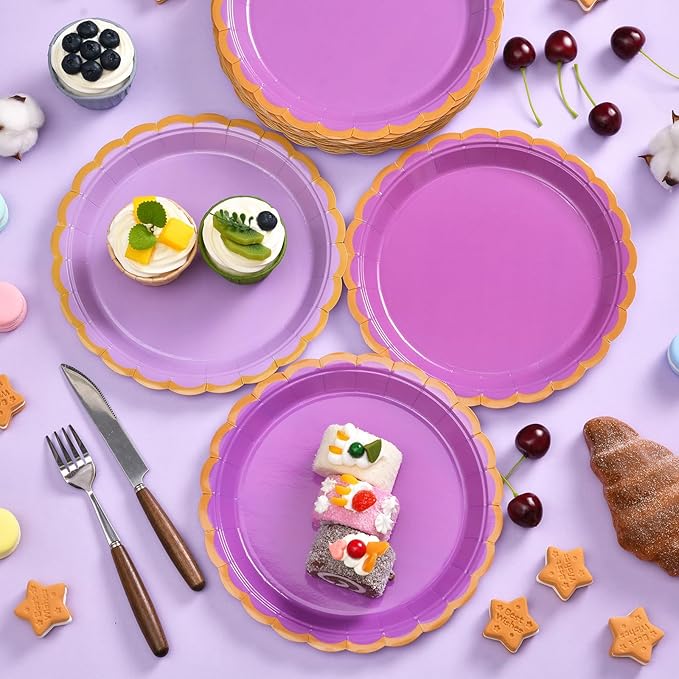 96 Pcs Purple Scalloped Party Paper Plates, 9 Inch Cute Purple Disposable Birthday Lavender Dessert Baby Bridal Shower Cake Paper Plates for Party Bridal Baby Girl Shower Wedding Supplies