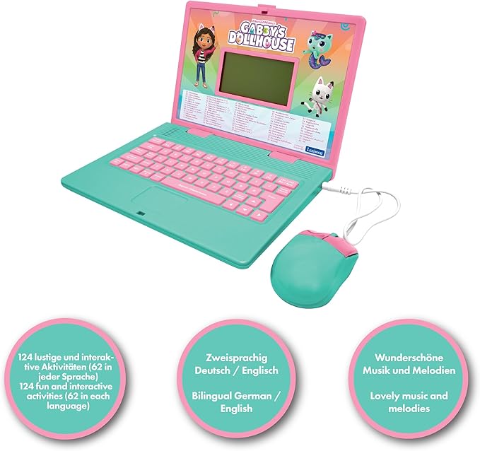 Lexibook, Gabby's Dollhouse German and English Bilingual Educational Computer, 124 Activities in Language, Writing, Math, Logic, Music and Games, Pink/Blue, JC598GDHi3