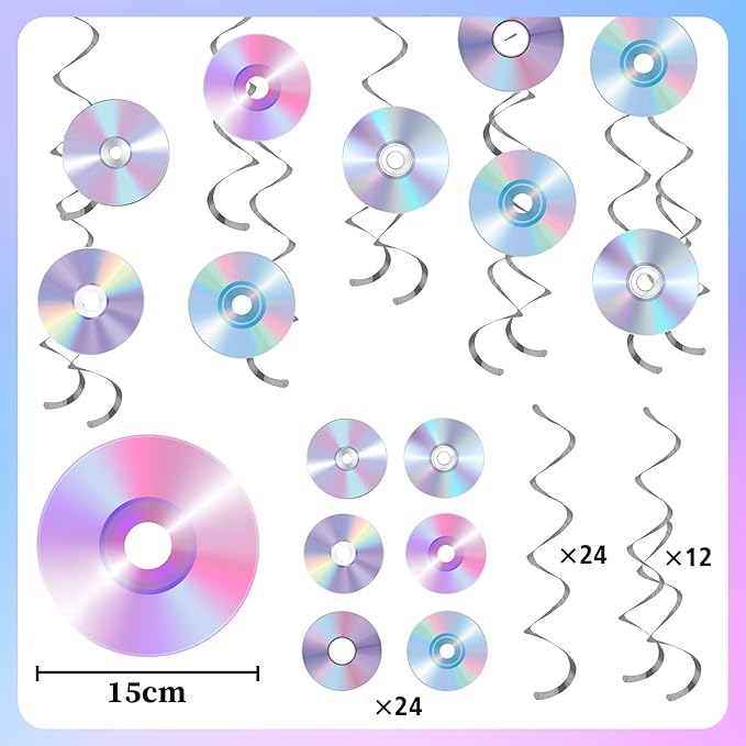 60pcs 90s CD Party Supplies Decorations CD Music Foil Ceiling Hanging Swirls Streams Party Banner Decor 2000s Y2K Disco Birthday Party Baby Shower Room Wall Decor