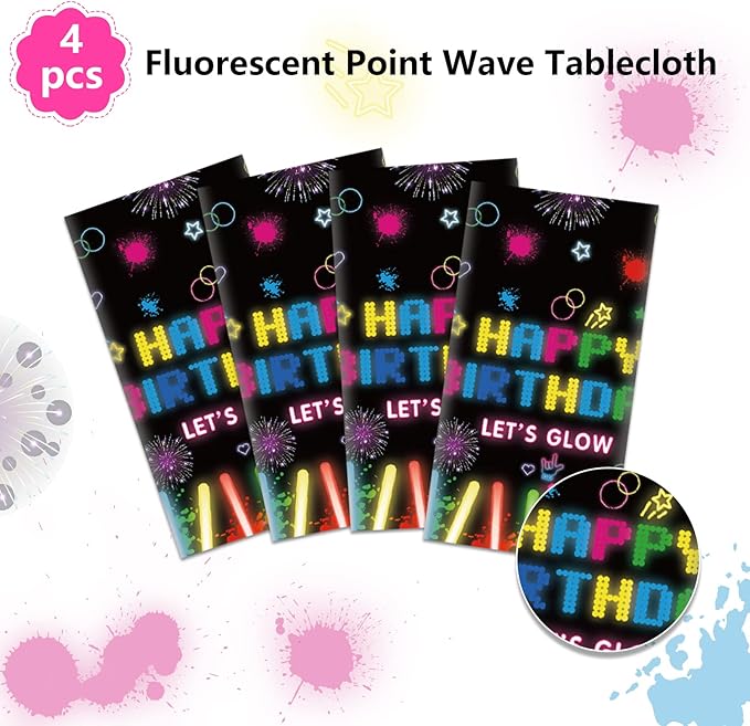 4 Pack Neon Glow Party Table Covers - 51x86 Inch Tablecloths, Glow in The Dark for Birthday Parties, Black Light Compatible