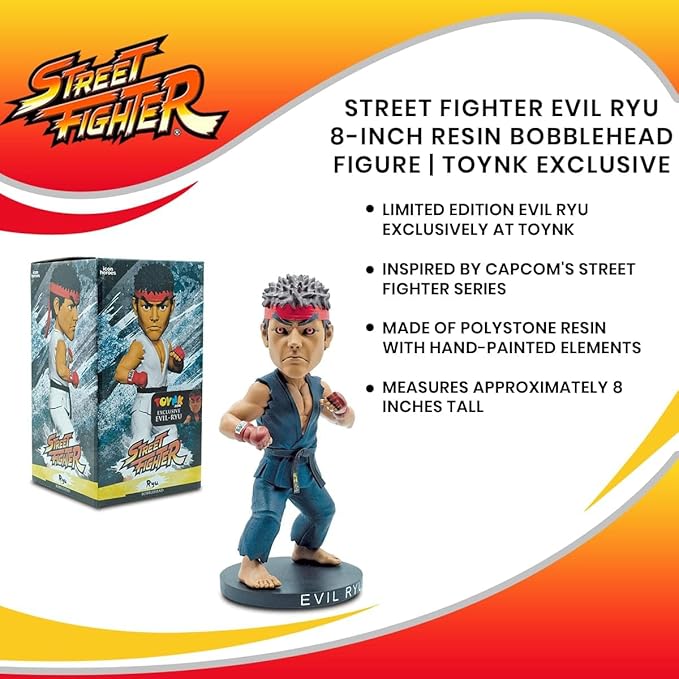 Icon Heroes Street Fighter Evil Ryu 8-Inch Resin Bobblehead Figure Exclusive | Action Statue, Desk Toy Accessories, Home Office Decor Capcom Video Game Gifts and Collectibles, Blue