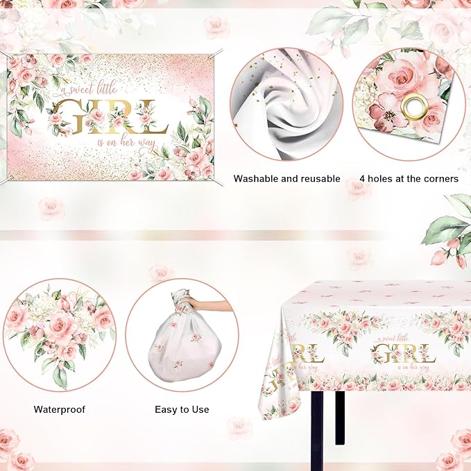 Baby Shower Decorations for Girl 278 Pcs Pink Floral Baby Shower Party Supplies: Little Girl Is on Her Way Banner, Plates, Napkins, Cups,Tablecloth, Balloons, Serve 24