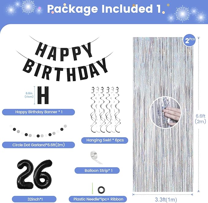 26th Birthday Decorations for Boys Girls, Silvery and Black Happy 26th Birthday Banner,Number 26 Balloons Arch Kit for 26 year old Birthday Party Decorations
