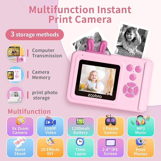 Kids Camera Instant Print for Boys and Girls Age 3-12, 1080P Kid Digital Camera with Print Paper Cameras for Kids Christmas Birthday Gifts Toy for Child 3 4 5 6 7 8 9 10 (Pink)