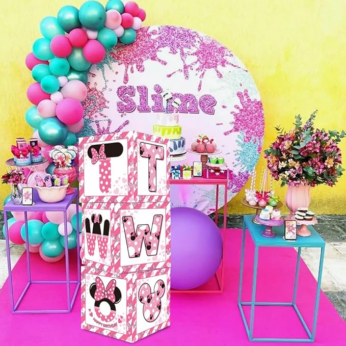 TONIFUL Pink Mouse 2nd Birthday Party Supplies Balloon Box with Letters，Pink Mouse Theme Two Years Old Birthday Party Favors for Girls Second Birthday Decorations
