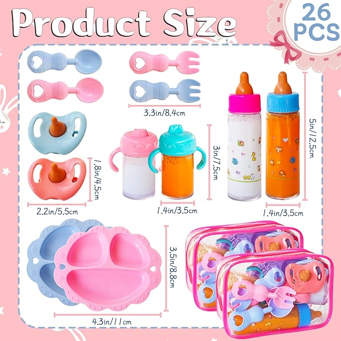 26 Pcs Baby Doll Accessories Magic Bottle Set,Pretend Play Feeding Toy Set with Package,Doll Feeding Set for Kids Girls,Magic Disappearing Juice Milk Bottles,Sippy Cups,Pacifiers,Bowl Spoons