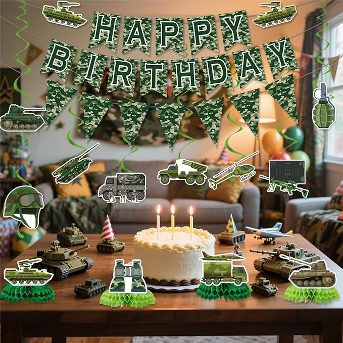 Army Birthday Party Decorations Include Happy Birthday Banners Camo Bunting Banners Hanging Swirls Honeycomb Centerpieces Military Birthday Theme Party Supplies