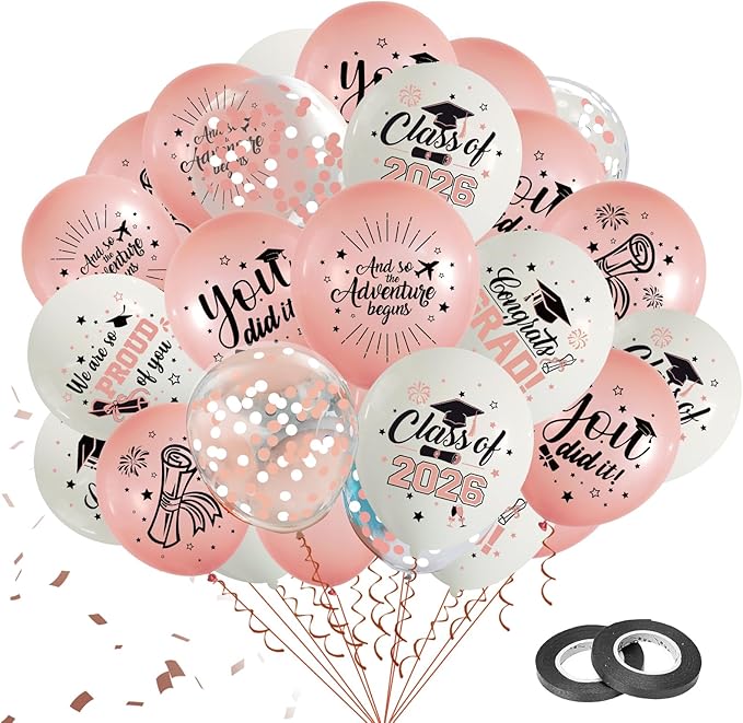 75Pcs Rosegold Graduation Balloons Decorations Class of 2026 Graduation Party Supplies with Congrats Balloon Ribbons for Congrats Party Decoration