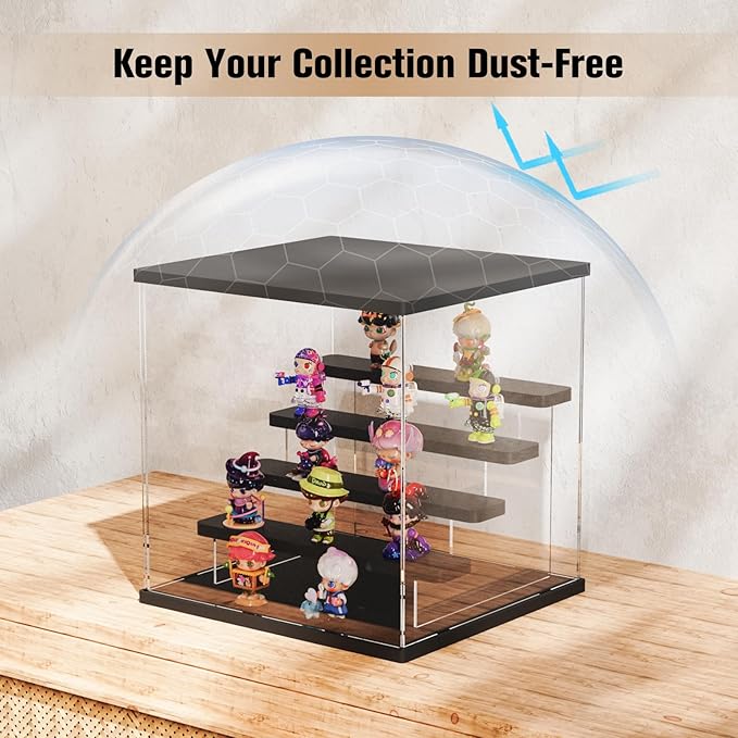 Nynelly Acrylic Lighted Display Case for Collectibles, 5 Tier Figure Display Box with Door and Steps, Assemble Dustproof LED Showcase Storage Box for Mini Figures, Funko Pop, Toys, Black