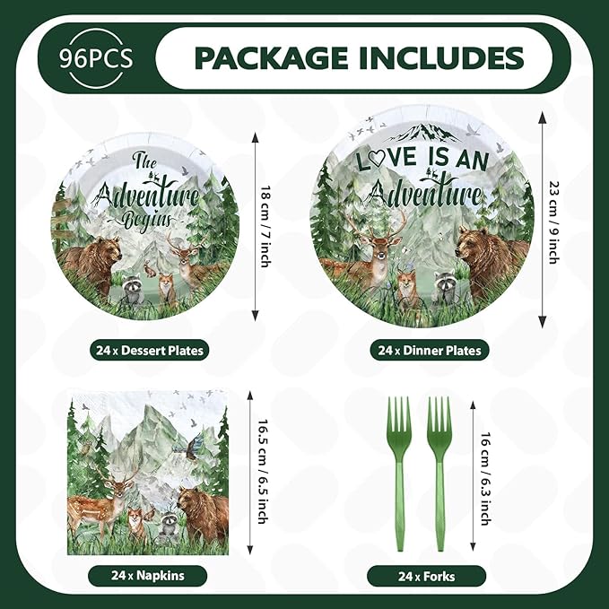 96Pcs Woodland Bridal Shower Decorations The Adventure Begins Plates and Napkins Forest Theme Tableware Set for Girls Women Woodland Bridal Shower Engagement Wedding Party Supplies Serves 24
