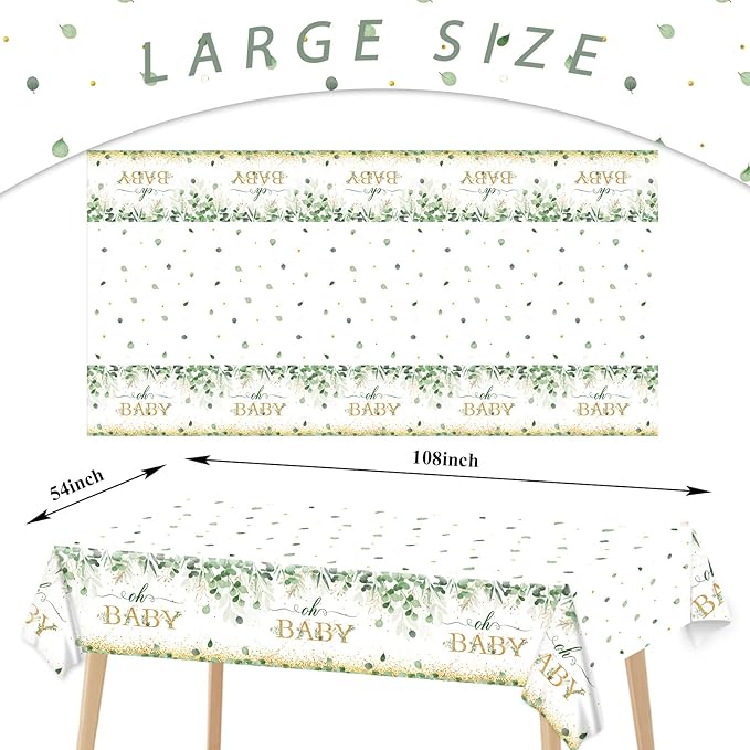 3 Pieces Sage Greenery Oh Baby Tablecloths for Baby Shower Party Decorations Plastic Disposable Gold Foil Eucalyptus Leaf Table Covers for Rectangle Tables Sage Boho Woodland Neutral Party Supplies