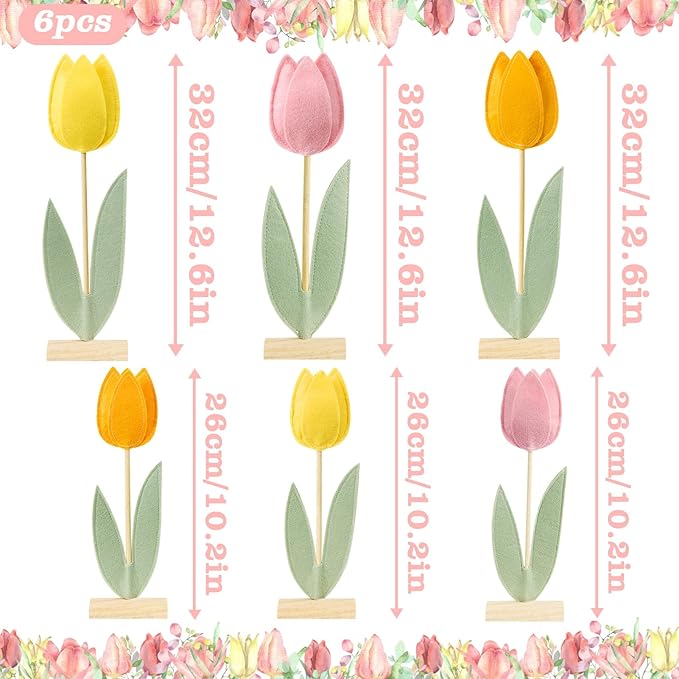 SUNBEAUTY 6Pcs Spring Tulips Flower Table Decoration Easter Tulip Felt Centerpiece Pink Yellow Orange Tulips Floral Tabletop Signs for Easter Garden Birthday Home Party Mothers Day Decor
