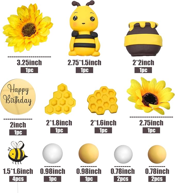 17 PCS Bee Cake Topper Happy bee day Cake Topper Honeycomb Sunflower Cake Decoration for Honeycomb Theme Birthday Party Supplies