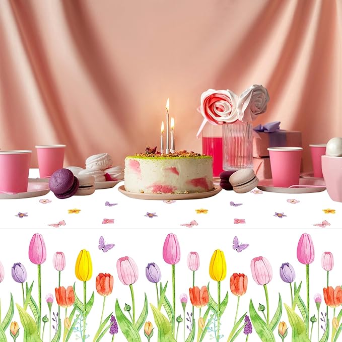 4 Pack Spring Summer Lavender Tulip Tablecloth Blooming Floral Table Cloth Wild Flower Tablecloth Watercolor Party Table Cover Easter Picnic Spring Summer Party Decorations 51 x 86 Inch