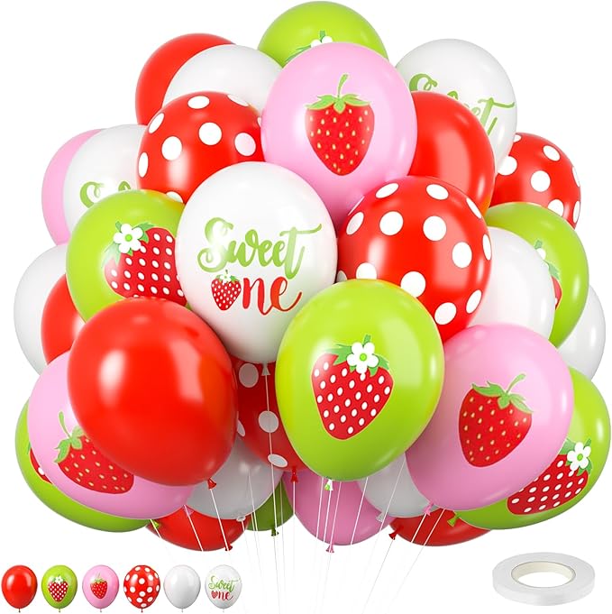 Strawberry Balloons, 12 Inch Strawberry Sweet One Party Balloons White Green Red Dots Balloons Strawberry Theme Party for Girls First Birthday Summer Fruit Party Baby Shower Supplies